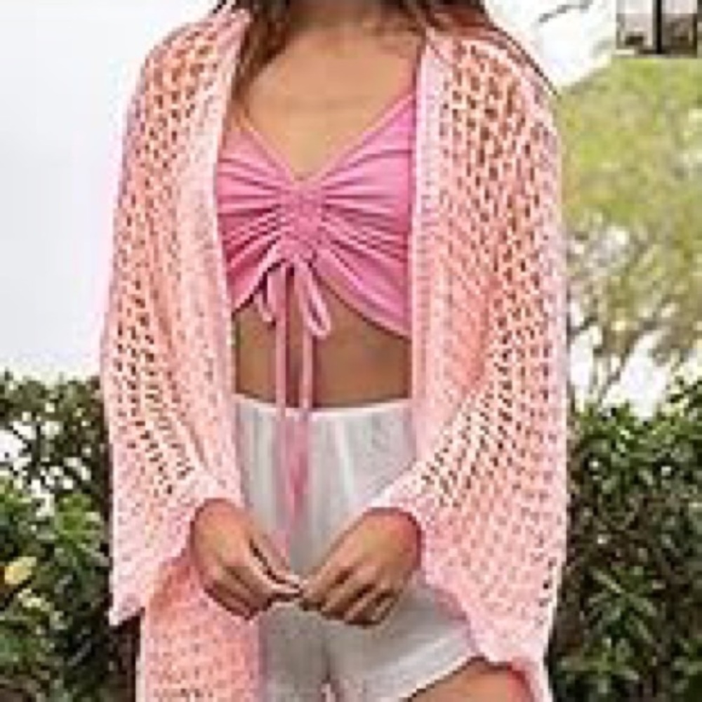 Aolro knit boho cardigan/ beach cover up ‎ with tie, Size Large, Light Pink, NWT